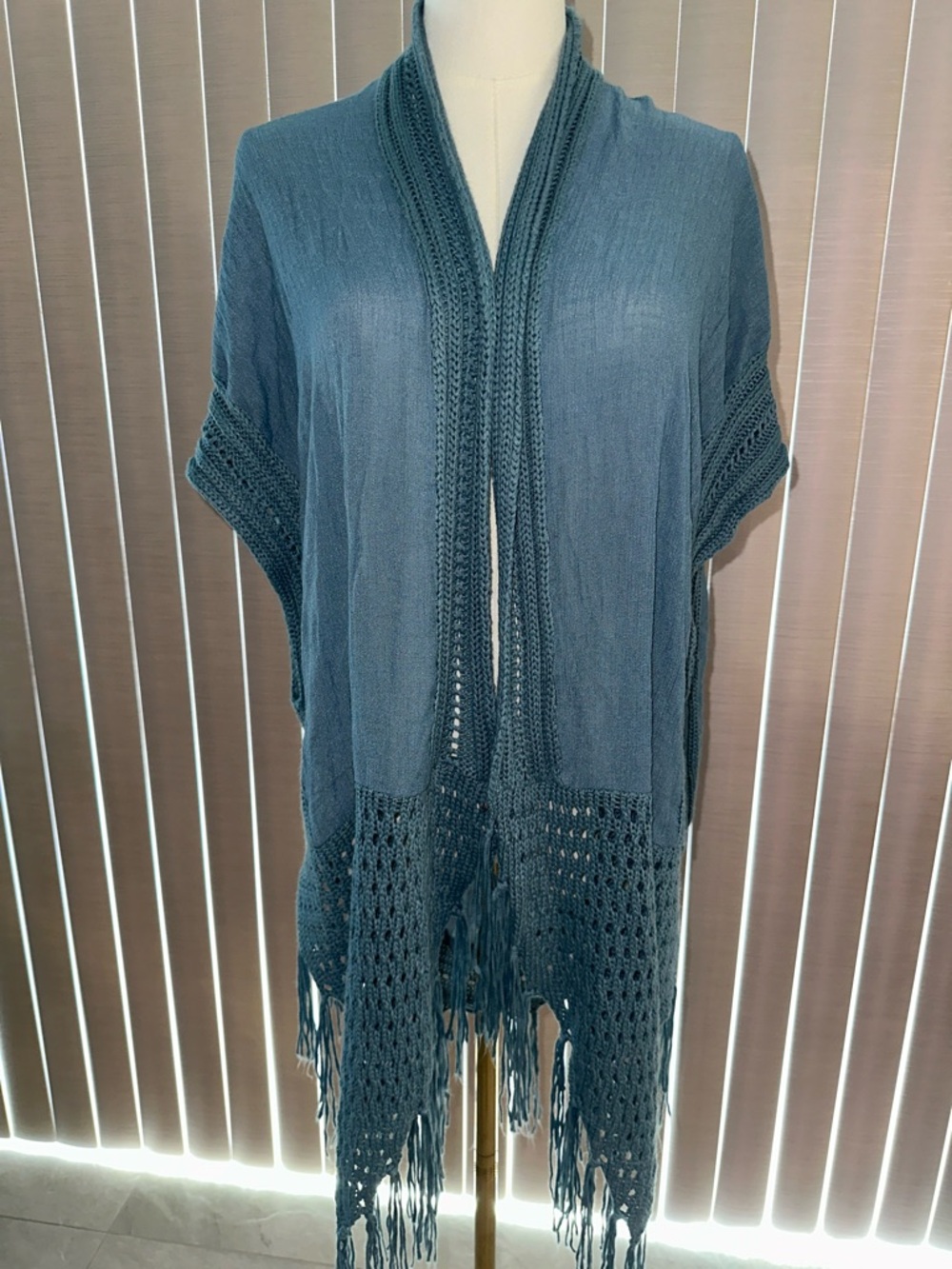 blue island Teal Open-Front Crochet Fringe Cardigan